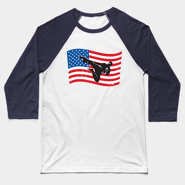 USA Flag Flying Kick Baseball T-Shirt by atomguy